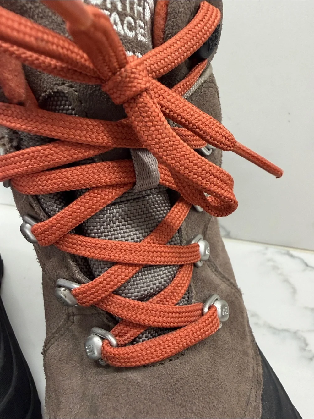 The North Face Brown Suede Kids Boots with Orange Laces